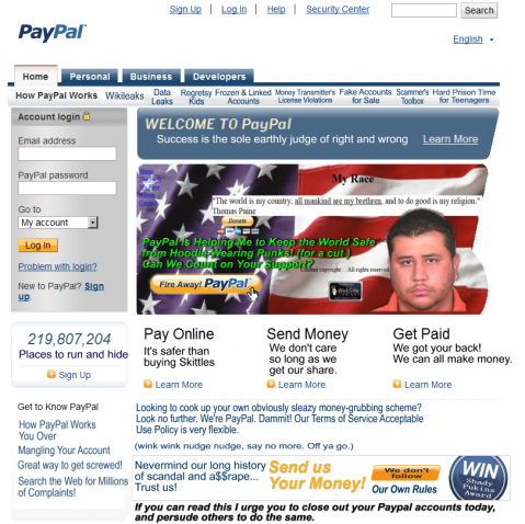 George Zimmerman on Paypal's Front Page Spoof